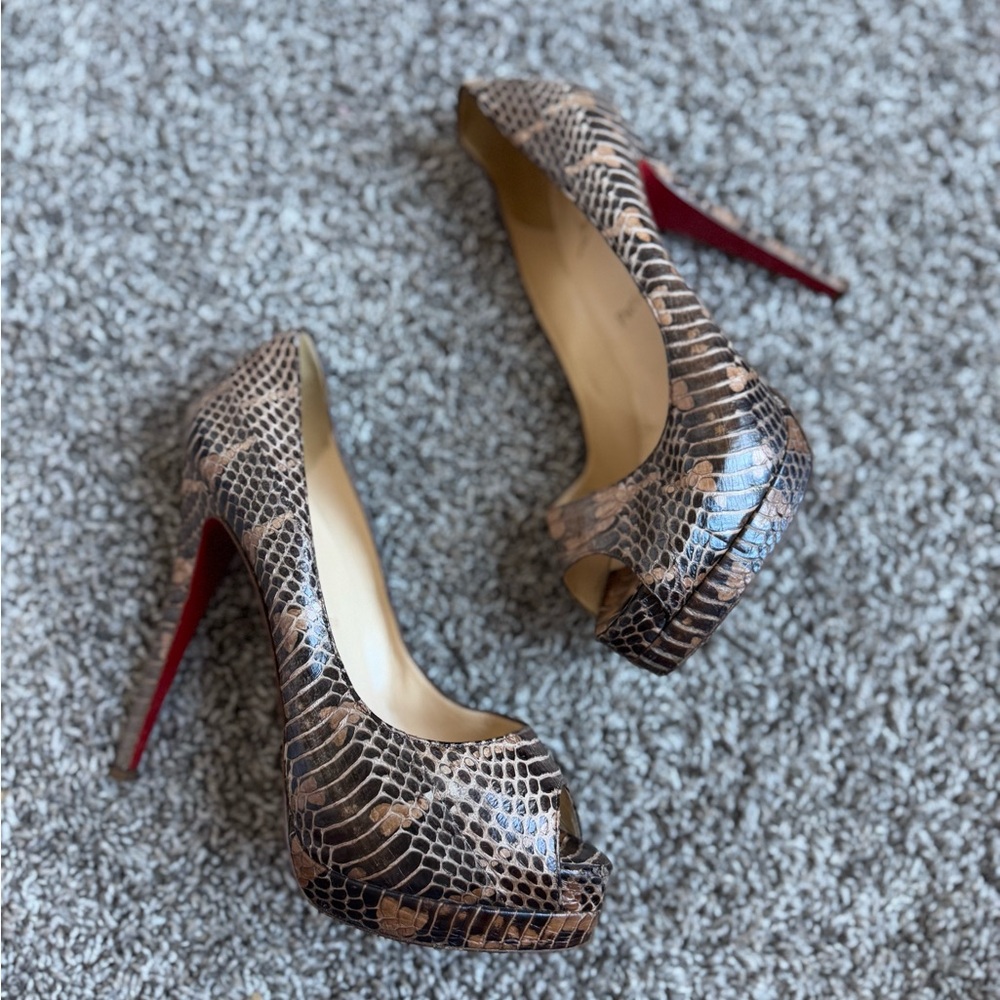 Christian Louboutin Brown Snakeskin Peep-Toe Heels